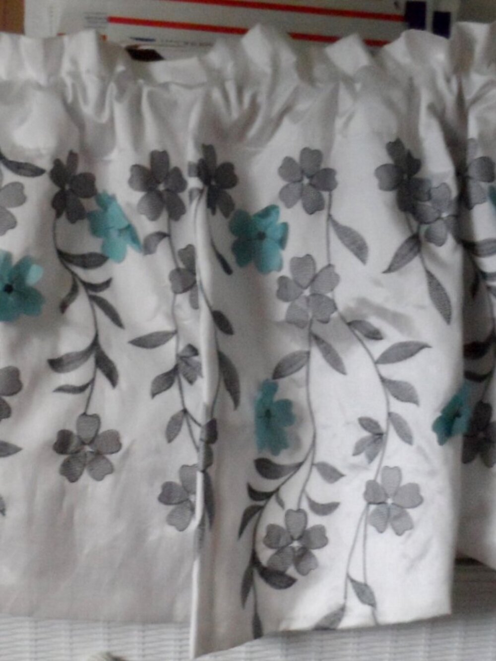 Swag Valance Faux Silk Embroidered Flowers Blue & Gray on White 60" x 18"